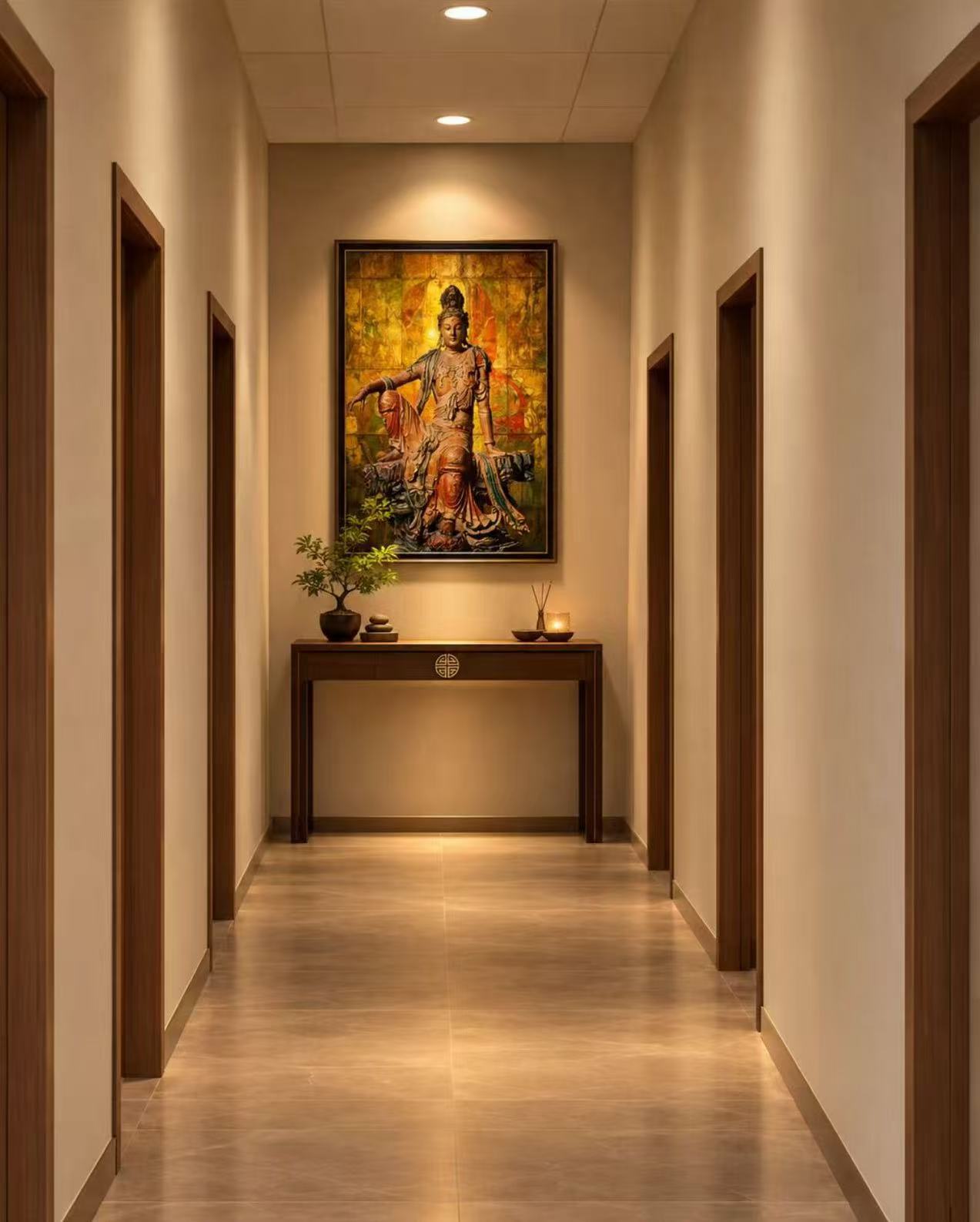 Illustrative spa hallway with warm lighting