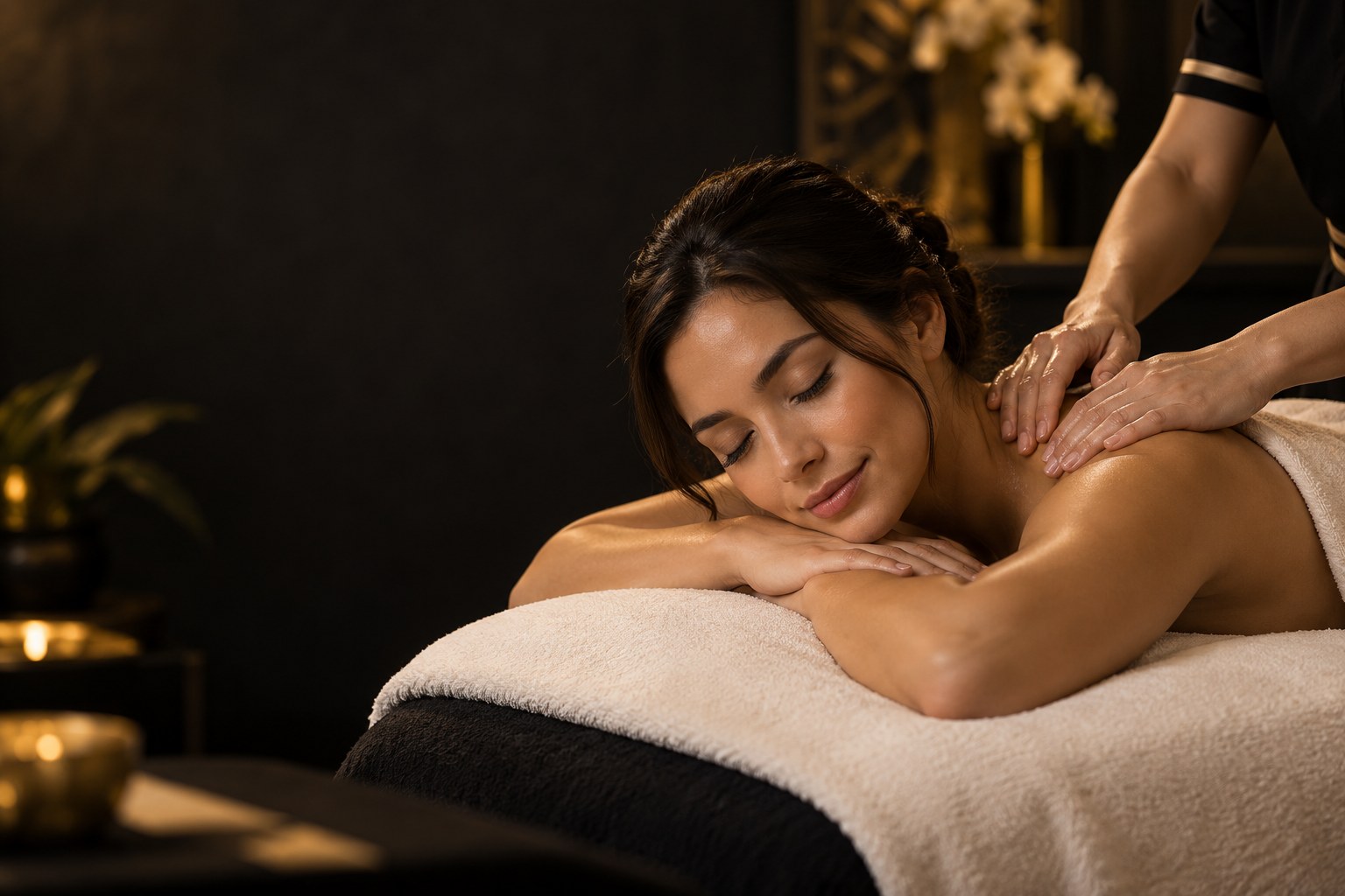 A peaceful shoulder massage in warm spa lighting